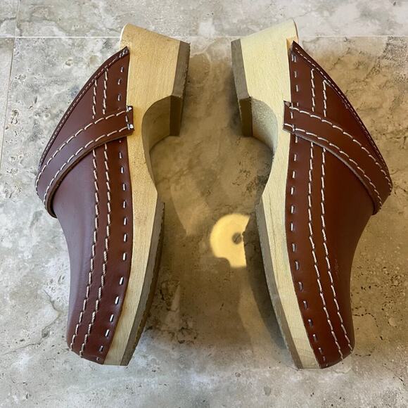 Simson Brown Leather Wood Sole Women's Clogs Slip On Size 38 EU / 7 US - Picture 8 of 10